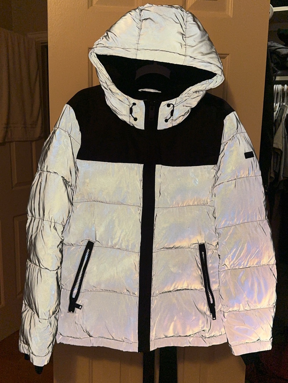 DKNY Reflective Silver & Black Hooded Puffer Jacket - Men